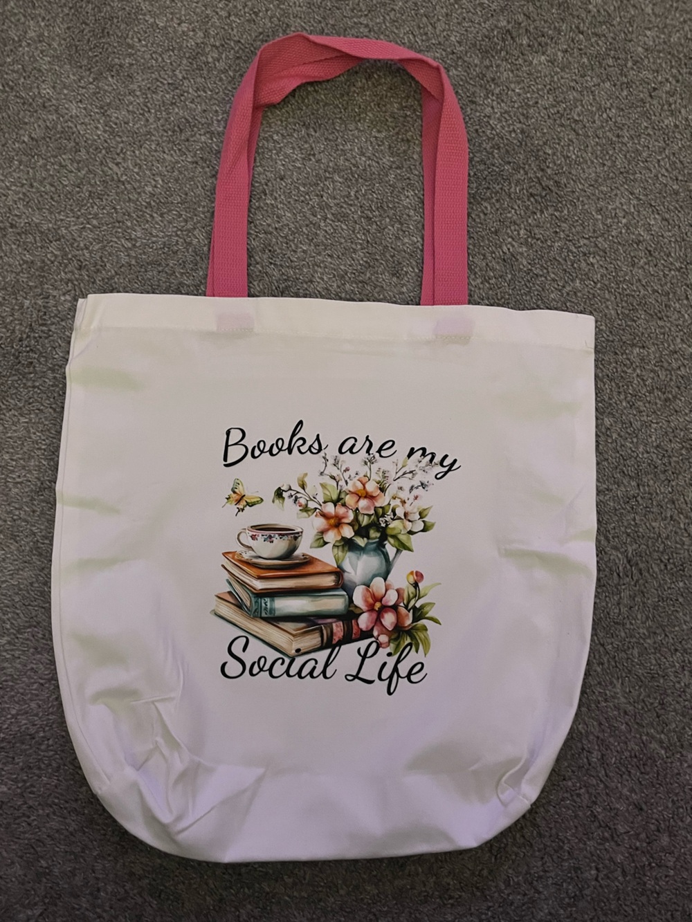 Canvas Tote Bag with Floral Bookstack Print - White & Pink